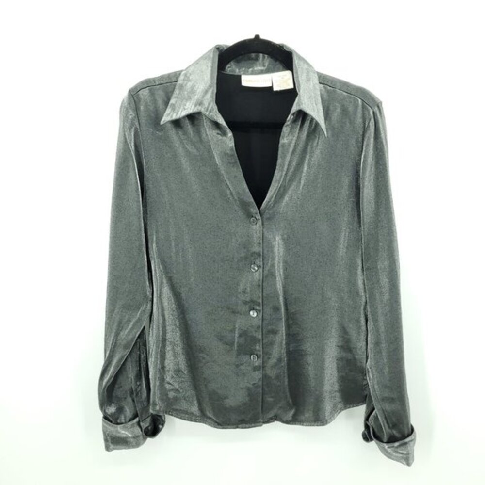 VTG 90s Christie & Jill Iridescent Long Sleeve Dress Shirt 10 Silver/Gray